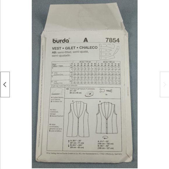 UNCUT Burda Pattern 7854 Quilted*Wool*Fake Fur Winter Fitted Vest collar Sz 8-20 - Picture 3 of 3